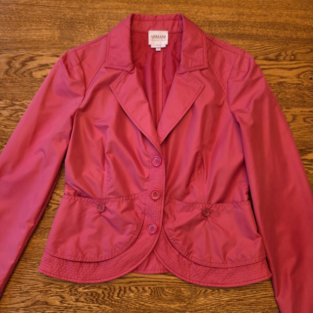 Armani Collezioni Size 10 Pink Coral Blazer Jacket Notch Lapel‎ Tulip Hem Posh